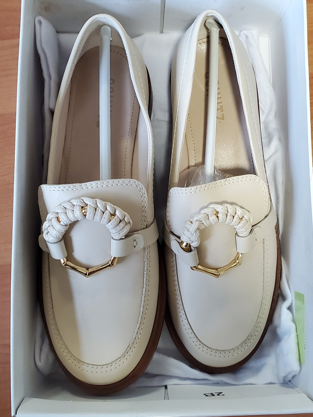 SCHUTZ Cream Braided-Trim Loafers with Gold Ring. Org. $175